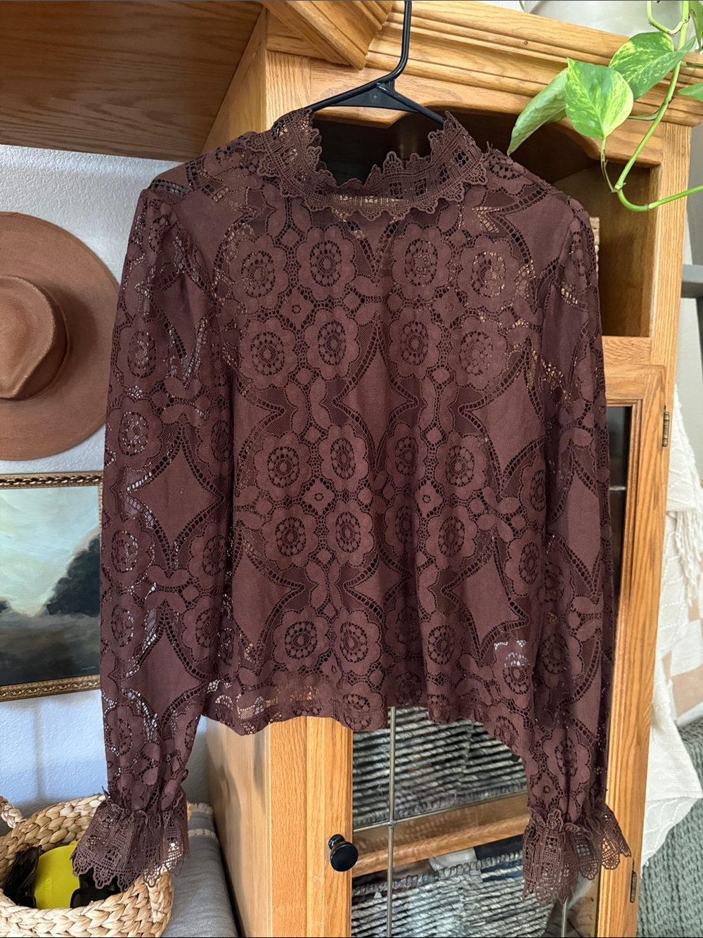 Brown Lace High-Neck Blouse